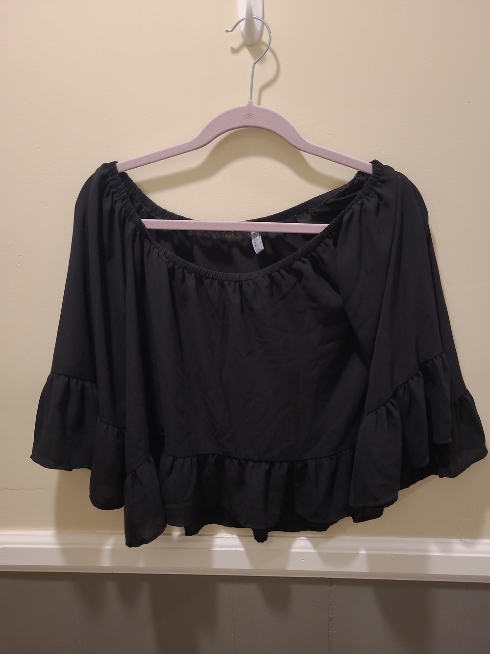 Abbeline Boho Top Small Black Flowy Sleeves Cottagecore Cold Shoulder USA Made